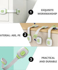 No Drill Kid Safe Cabinet Locks With Adhesive Backing 4 Pack close-up on ABS PE material and installation method.