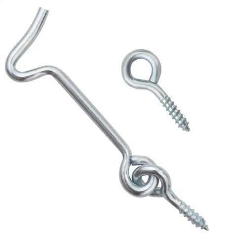 Top Shelf 8 Pack Zinc Coated Steel Window And Door Hooks paired with classic eye latch, showing a steel hook and screw.
