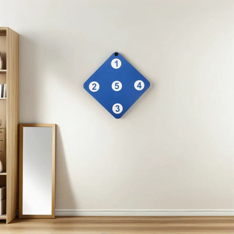 Blue two-sided fencing target with numbered zones for home gym self training, wall-mounted for control and accuracy practice.