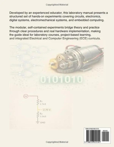 Back cover of ECE lab manual titled 'Level Up Your Lab Game With This Rock Solid Electrical And Computer Engineering Manual Covering Circuits Electronics Embedded Tech And Mechatronics Hands On Projects For College Grads And Pros'.