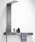 Wall-Mounted Luxury Thermostatic Shower System with Storage Rack & Towel Bar, brushed gun grey finish, rain shower head, towel rack.