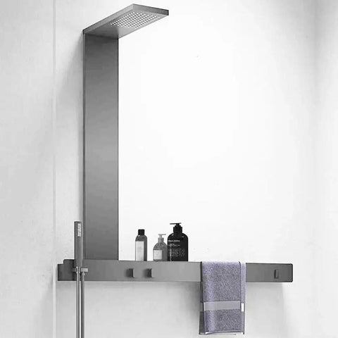 Wall-Mounted Luxury Thermostatic Shower System with Storage Rack & Towel Bar, brushed gun grey finish, rain shower head, towel rack.