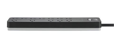 Side view of Beefy 12 Outlets Surge Protector Power Strip With 2160 Joules Flat Plug 6 Foot Cord Space Saving Black Easy Access Outlets.