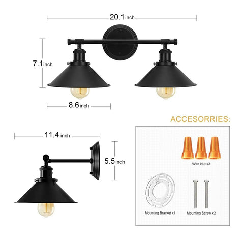 Two Light Matte Black Farmhouse Vanity Light Fixture For Bathroom, Rustic Industrial Wall Sconce Over Mirror with accessories