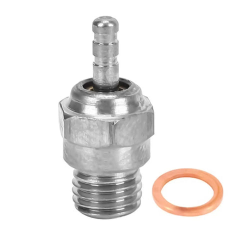 Close-up of a silver steel glow plug with copper washer, part of the 5 Pack RC Glow Plugs 70117 3 N3 Medium Hot Spark Nitro Engine Parts Replacement.