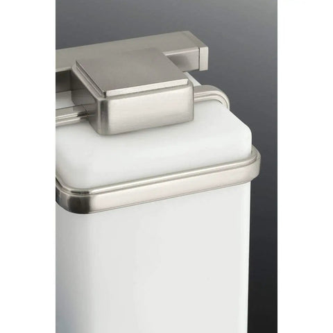 Close-up of 3 Light Coastal Style Vanity Light brushed nickel finish with etched white glass shade for bathroom