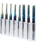 Eyech 10pcs blue-coated end mills set with 1/8 in shank for PCB, plastic, wood, carbon fiber, front view