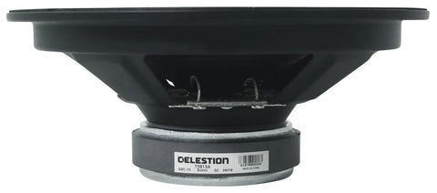 Side view of the Eight 15 8 Ohm Guitar Speaker Upgrade For Compact Amps With 15 Watt Ceramic Magnet showing label and magnet