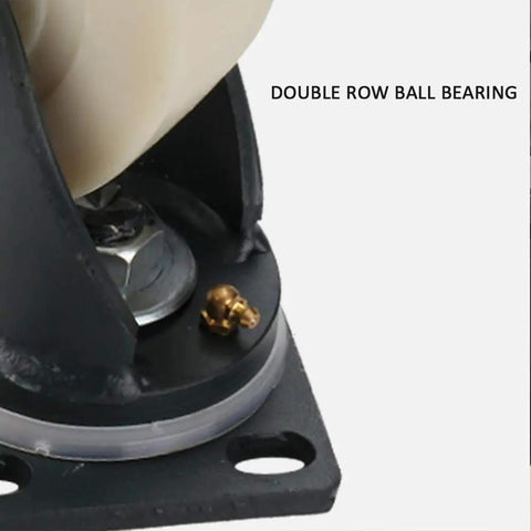 Close-up of Heavy Duty Eight Inch Nylon Swivel Casters Built Beefy With Carbon Steel Bearings showcasing the double row ball bearing.