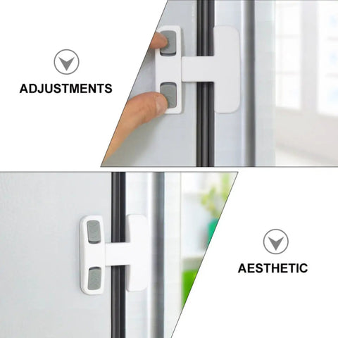 Kidproof Fridge Lock For Cabinets And Drawers Anti Pinch Plastic Strap Latch Self Adhesive Cabinet Lock close-up view