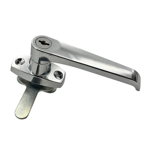 Built Tough L Shape Lever Door Locks For Cabinets Set Of Two Glossy Chrome Plated Zinc Alloy Cam Handles with keyway detail.