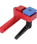 Heavy Duty Cnc Machined Aluminum Miter Track Stop Block for 30mm T Slot Rails, featuring red and blue adjustable clamps.