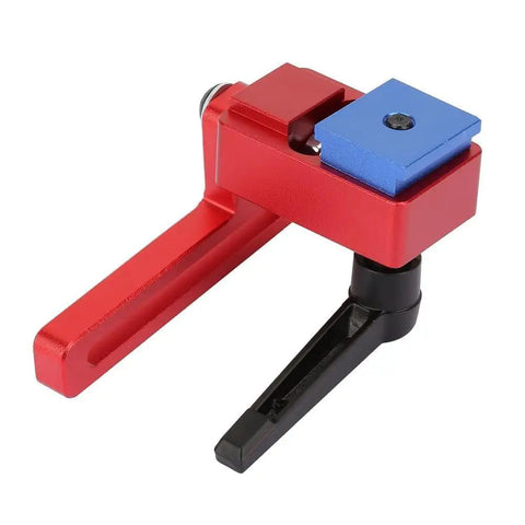 Heavy Duty Cnc Machined Aluminum Miter Track Stop Block for 30mm T Slot Rails, featuring red and blue adjustable clamps.