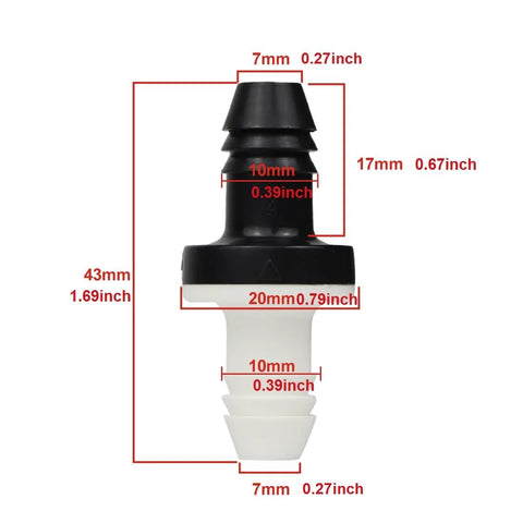 BBTUS inline vacuum barbed check valve, ABS, black body with white hose connector, front view