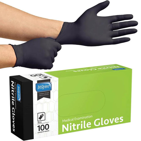 Inspire black nitrile gloves, large size, latex-free disposable; box of 100 gloves shown