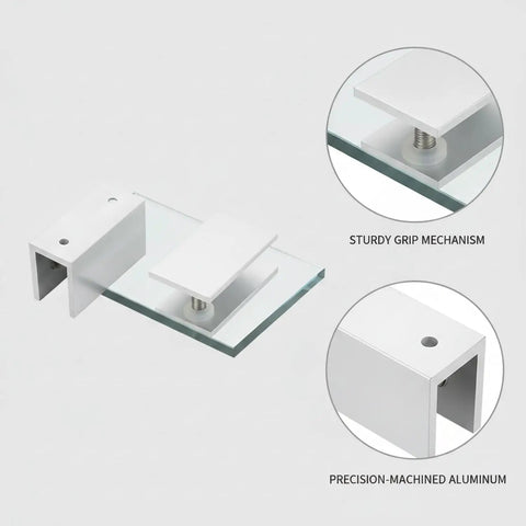 Glass Shelf Clips for Cabinets and Displays, Durable Aluminum Alloy Mounting Hardware, showing close-up of grip and precision-machined aluminum