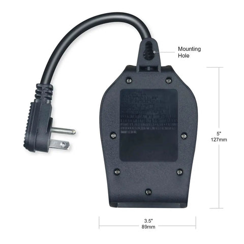 Set It And Forget It Programmable Twenty Four Hour Outdoor Light Timer with a power cord and mounting hole, 5" x 3.5" size.