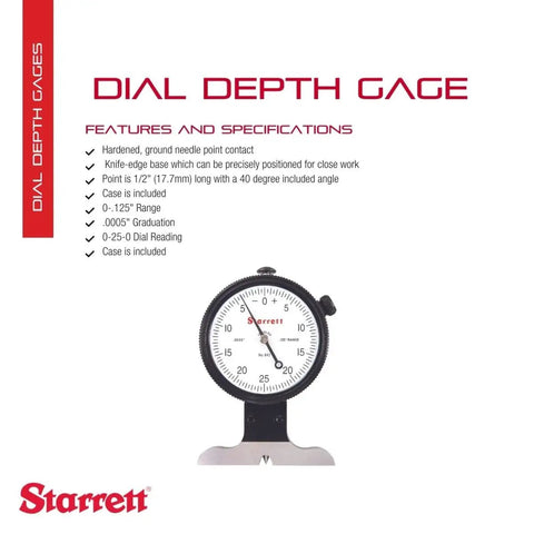 Dial Depth Gage With Knife Edge Base And Needle Contact For Stability And Precision, Pro Grade White Face Dial, 0 To.125 Inch Range