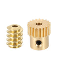 Front view of brass worm gear set (two parts): 20T gear with 3mm bore and matching worm with 1.98mm bore