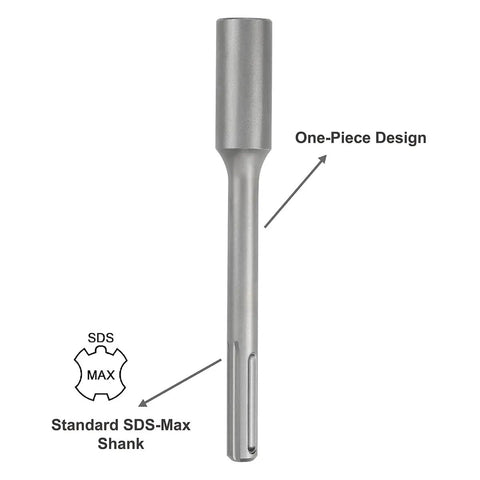 Pro Grade Ground Rod Driver For Five Eighth And Three Quarter Inch Rods With 18mm SDS Max Shank Compatible With Bosch Dewalt Milwaukee Hilti And Other SDS Max Rotary And Demolition Hammers Built Tough For Quick No Fuss Demolition Jobs shown with SDS Max shank and one-piece design