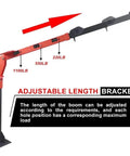 Heavy Hauler Electric Hoist For Pickup Trucks With Folding Bed Jib Crane And 2000 Lbs Winch Adjustable Boom showing adjustable length bracket and weight capacity labels.