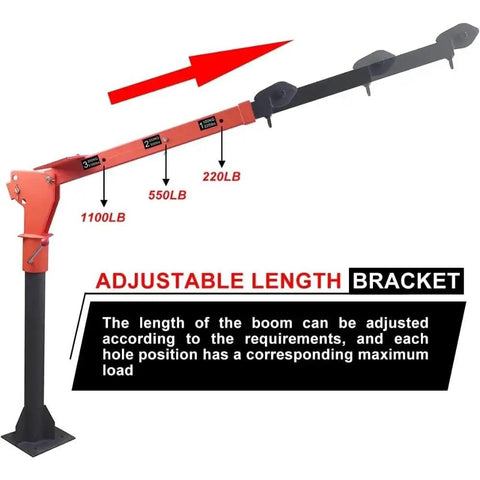 Heavy Hauler Electric Hoist For Pickup Trucks With Folding Bed Jib Crane And 2000 Lbs Winch Adjustable Boom showing adjustable length bracket and weight capacity labels.