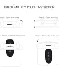 Instructions for IPX8 Submersible Waterproof Wallet And Key Fob Case Pouch showing steps to secure a key fob inside the pouch.