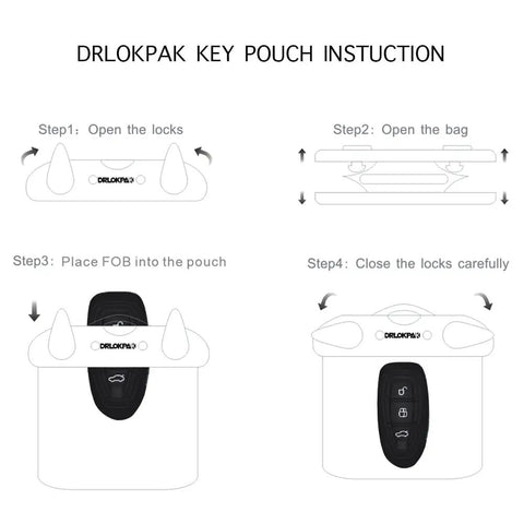 Instructions for IPX8 Submersible Waterproof Wallet And Key Fob Case Pouch showing steps to secure a key fob inside the pouch.