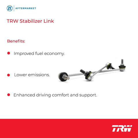 TRW stabilizer link with bushings, side view showing metal rod and ball-joint ends for suspension.