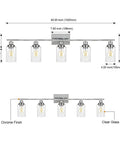 Dimensions for Industrial Chrome Five Light Vanity Light Fixture with Clear Glass Shades, wall-mounted chrome sconces.