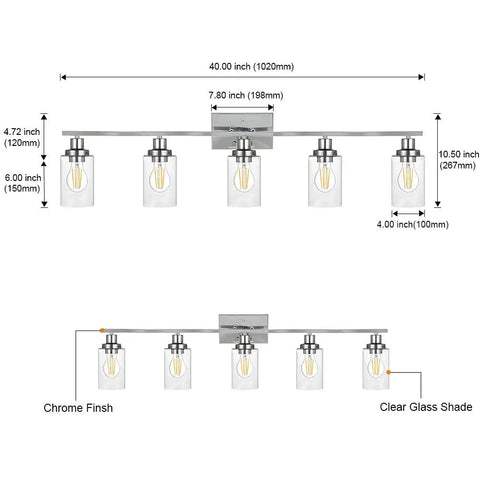 Dimensions for Industrial Chrome Five Light Vanity Light Fixture with Clear Glass Shades, wall-mounted chrome sconces.