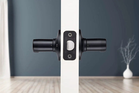 6 Pack Matte Black Transitional Indoor Passage Wave Door Levers For Hall And Closet Non Locking Interior Door Handles Reversible Modern Home Upgrade Durable Metal Construction, side view on white door