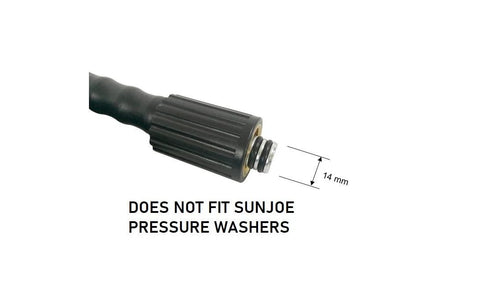 Close-up of pressure washer hose end with 14 mm adapter and an O-ring; note: does not fit SunJoe washers.