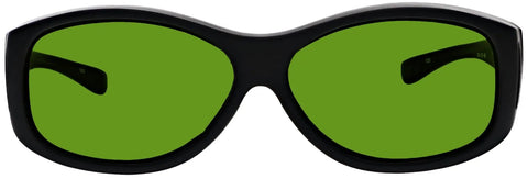Pro Grade Laser Safety Glasses With Heavy Duty Polycarbonate Lenses And Badass Odds Eight Plus Shielding For UV And Infrared Hazards, green lenses in black frame.