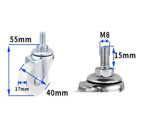1.5 Inch M8 Threaded Swivel Caster Wheel White Light Duty For Carts And Trolleys, 360 Degree Swivel, Durable PP Wheel