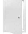 Heavy Duty Thick Steel Access Door For Drywall 24X36 Inches open view showing sleek white finish and chrome latch, ideal for maintenance access.