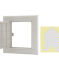 Super Slick Snap Fit Drywall Access Panel With No Sweat Double Sided Tape Mounting And Thick Plastic Housing In Clean Gray open view with cover and mounting tape.
