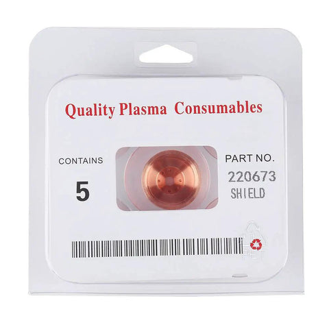Five Piece Plasma Cup Cap 220673 Set For MAX45 Cutting Torch packaging with copper consumables visible