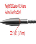 Stainless Steel Archery Field Points Screw In 11/32 Inch 150 Grain, close-up view, showing weight and measurements.
