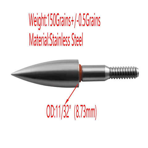 Stainless Steel Archery Field Points Screw In 11/32 Inch 150 Grain, close-up view, showing weight and measurements.