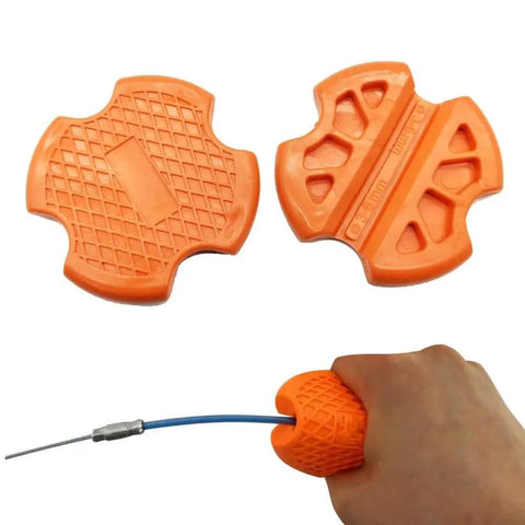 Two Pack Line Grip Set For Electrical Cable Pulling, Non Slip PVC Ergonomic Orange Handles, Fits 3-6mm Wires, 8x8mm Grips, Durable Polyoxymethylene Tooling For Quick Conduit Installations, orange cable puller grips in hand