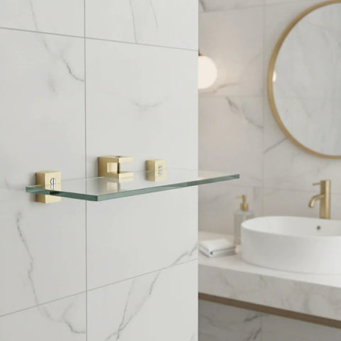 Solid Copper Glass Shelf Clip Surface Mount Bracket For Bathroom Tile Walls And Backsplash Holds Glass Panels For A Slick Floating Shelf Look 2.9 By 2.8 By 2.7 Inches One Piece installed in bathroom