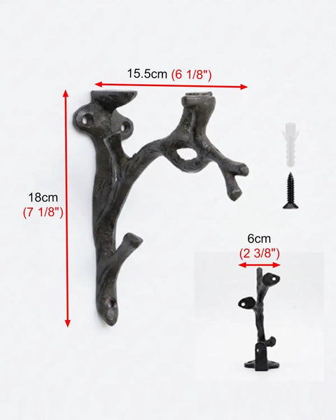 Branch Style Wall Mount L Brackets Vintage Rustic Decorative Support For Kitchen Home Office, cast iron with measurements.