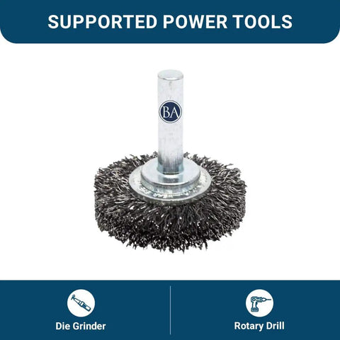 Front view of Heavy Duty One And One Half Inch Grinder Mounted Crimped Wire Wheel For Drill With One Quarter Inch Shank For Rust Removal.