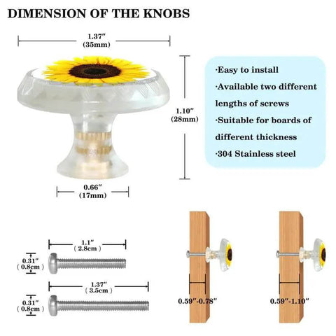 Dimensions of Snag Up These Fresh Transparent Round Cabinet Knobs, 1.37 Inch, with Sunflower pattern and stainless steel screws.