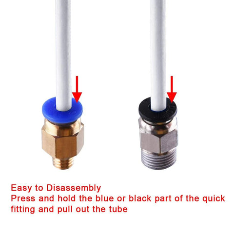 Two SIQUK PTFE tubing quick-connect fittings (PC4-M6/M10) with blue and black collars; brass left, steel right