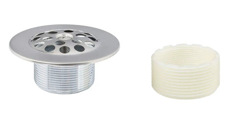 Slick Brushed Nickel Trip Lever Tub Drain Trim Kit Set With Overflow Face Plate showing strainer and threaded pipe.
