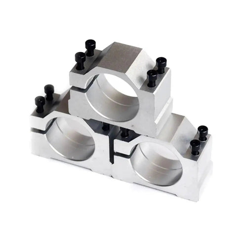 Top Spindle Clamp Bracket For 48 To 56mm Spindles With 4 Bolts And Heavy Aluminum Build Perfect Fit For CNC Routers And Engraving Machines Z Axis Mounting Made Smooth, stacked view showing three aluminum brackets.