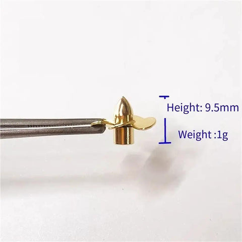 12mm Five Blade Plum Brass Left Hand Propeller for RC Sailboats, shown with dimensions 9.5mm height, 1g weight, held by tweezers.