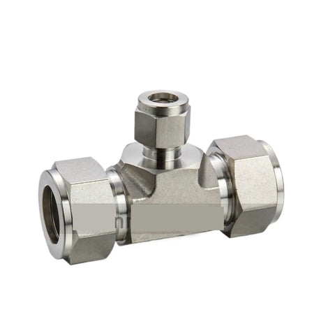 Heavy Duty Stainless Steel SS316L Pneumatic Air Fitting Kit Includes Five Pro Grade Rut Coupling Connectors And Union Tees For Hassle Free Plumbing Upgrades Built Tough Reliable, close-up of a stainless steel union tee.